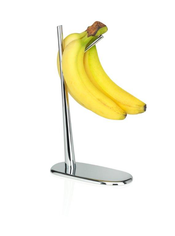 Alessi Dear Charlie Bananenhalter aus poliertem Edelstahl mit Bananen. Praktisch und dekorativ.
