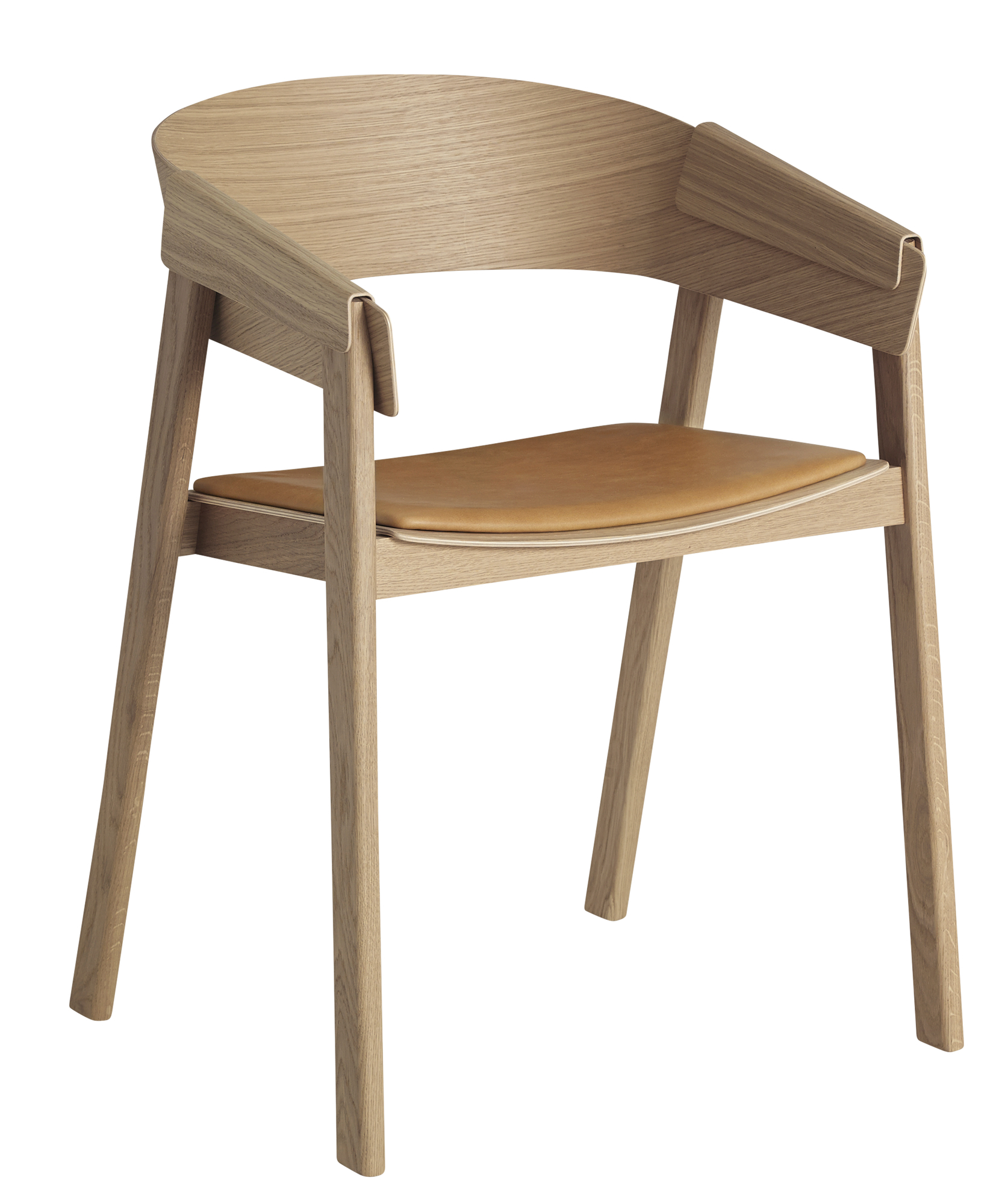 Muuto Cover Chair Stuhl aus hellem Holz mit Leder Sitzfläche, modernes Möbeldesign.