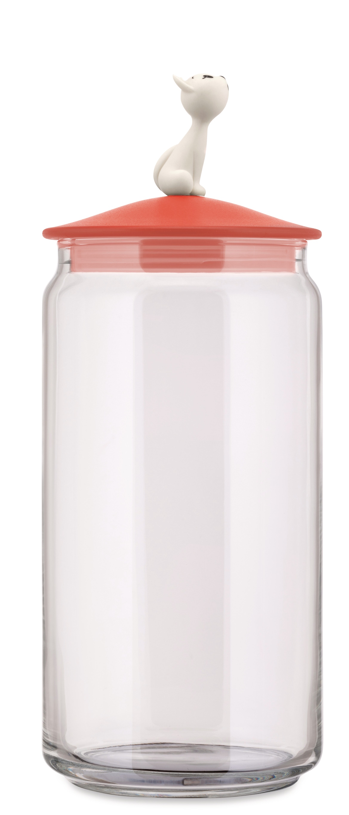 MioJar Katzenfutterbehälter von Alessi: Glasbehälter mit rotem Deckel und Katzenfigur für Trockenfutter.