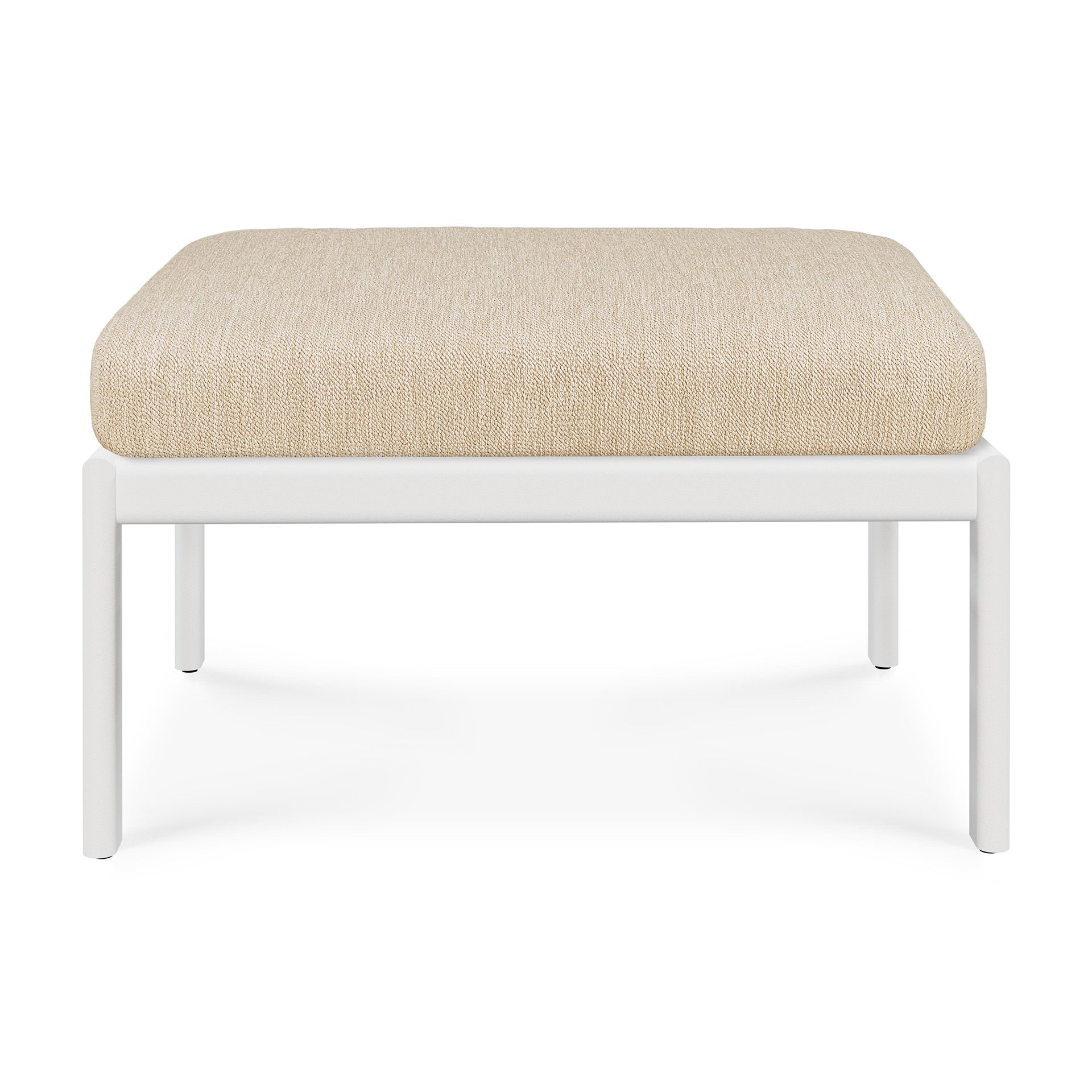 Jack Outdoor Fußhocker von Ethnicraft: Beiger Hocker mit weißem Aluminiumgestell für Garten und Terrasse.