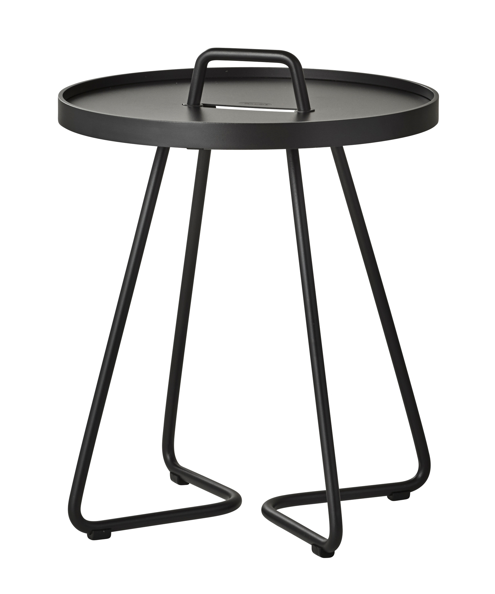 Schwarzer Cane-Line On-The-Move Beistelltisch für den Außenbereich, kleiner runder Tisch mit Tragegriff.