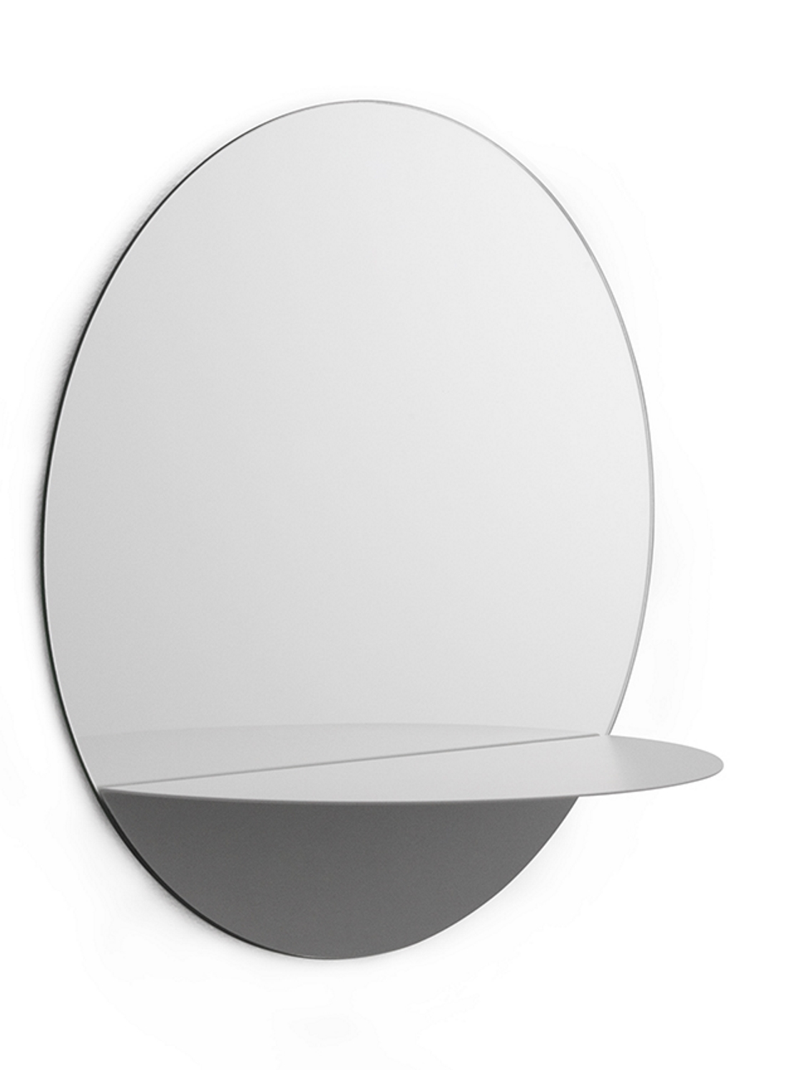 Grauer, runder Horizon Spiegel von Normann Copenhagen mit integrierter Ablage. Modernes Design.