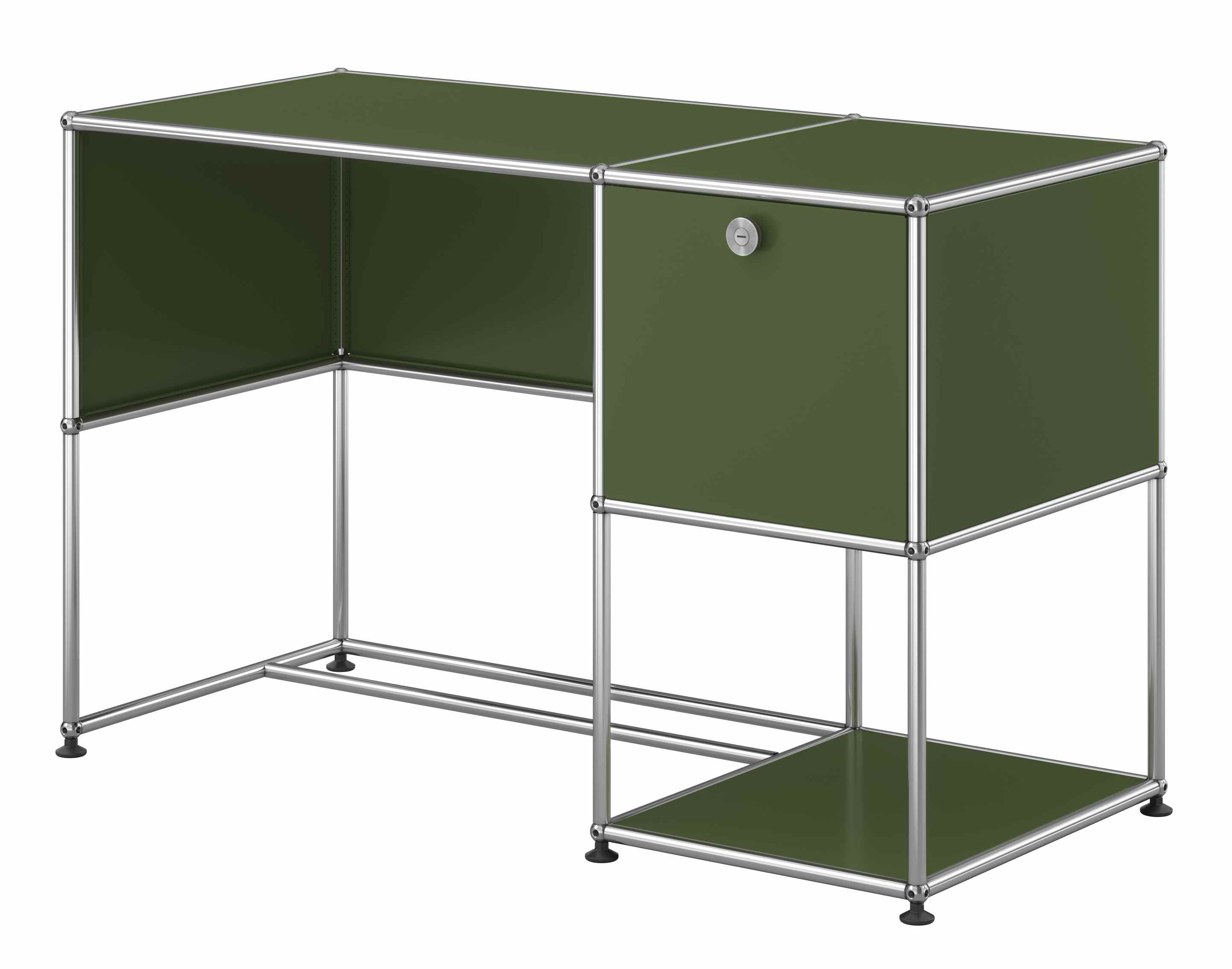 USM Haller Schreibtisch in Olivgrün mit einem Schubladenelement und verchromtem Gestell für das Homeoffice.