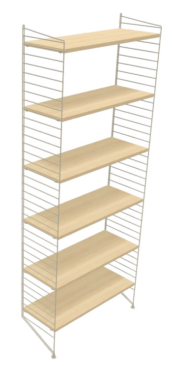 Wohnzimmer KONFIGURATIONEN L1 String Furniture Regal mit sechs hellen Holzregalböden und silbernen Seitenteilen.