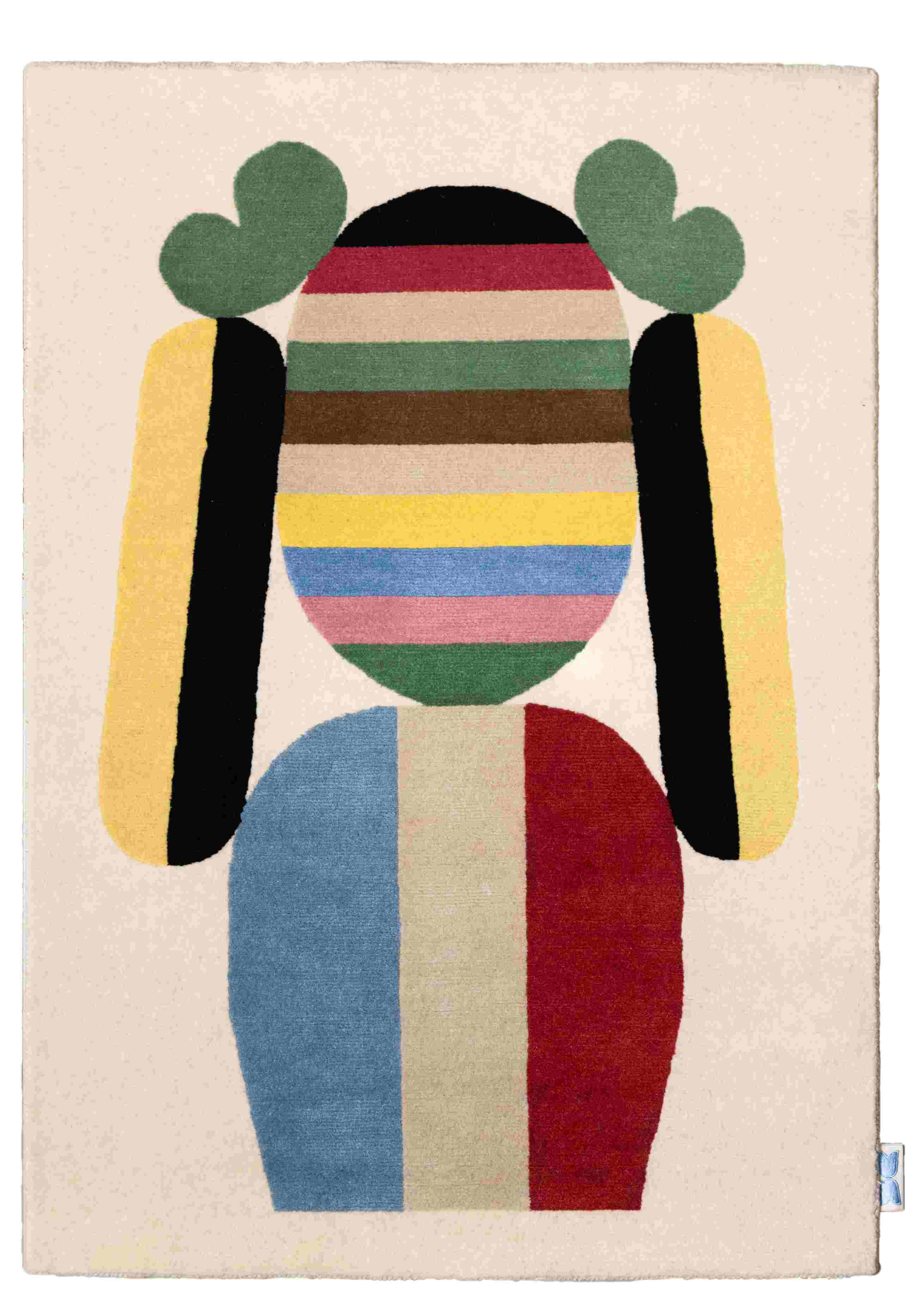Elis Teppich: Handgeknüpfter Designerteppich mit abstraktem, farbenfrohem Mädchen-Motiv für Kinderzimmer und Wohnbereich.