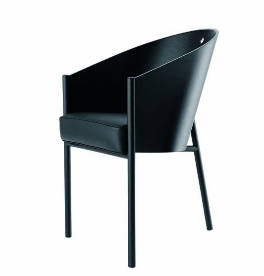 Schwarzer Costes Armlehnstuhl von Driade mit Lederkissen und Stahlgestell, modernes Design.