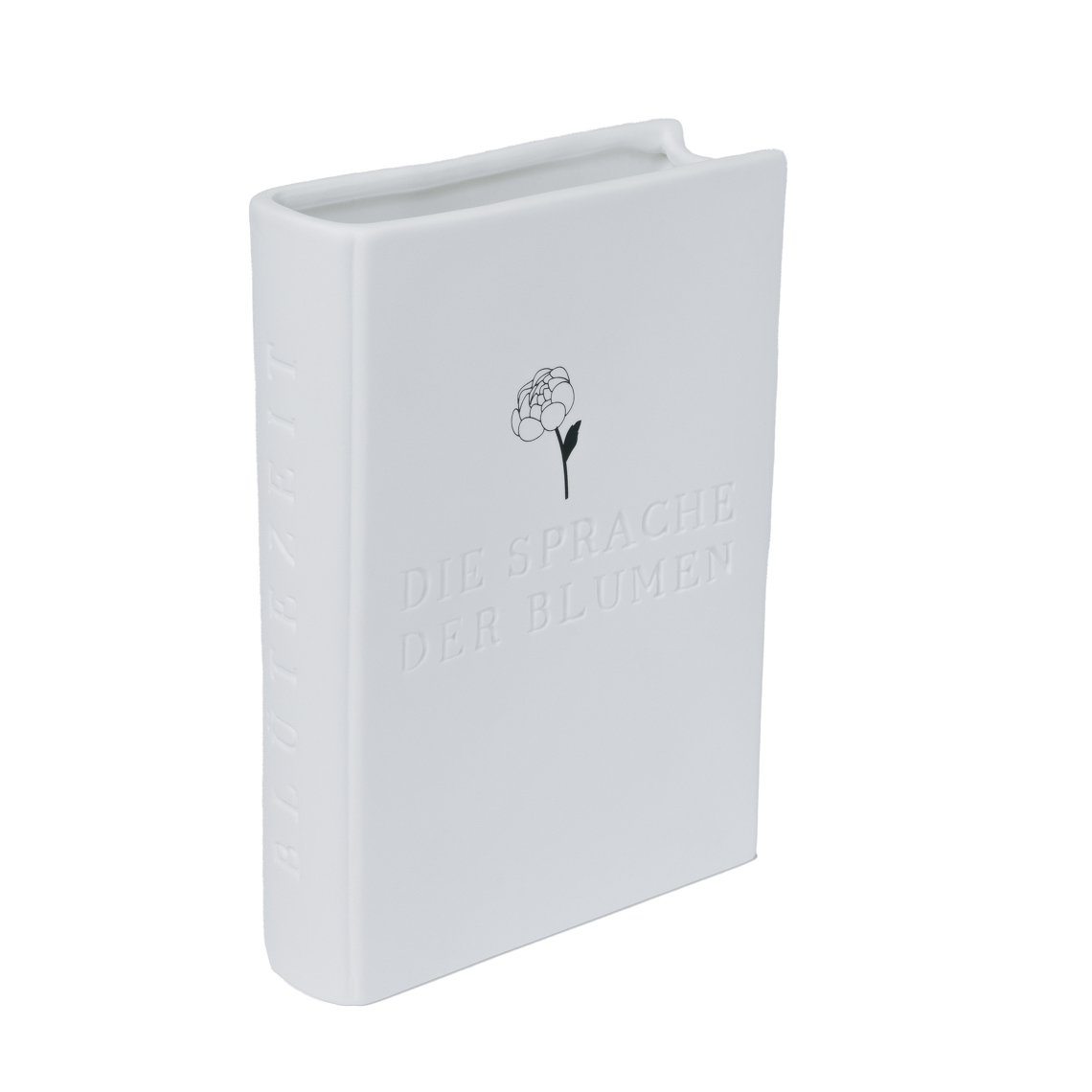 Weiße Räder Blütenzeit Vase in Buchform mit Aufschrift "Die Sprache der Blumen".