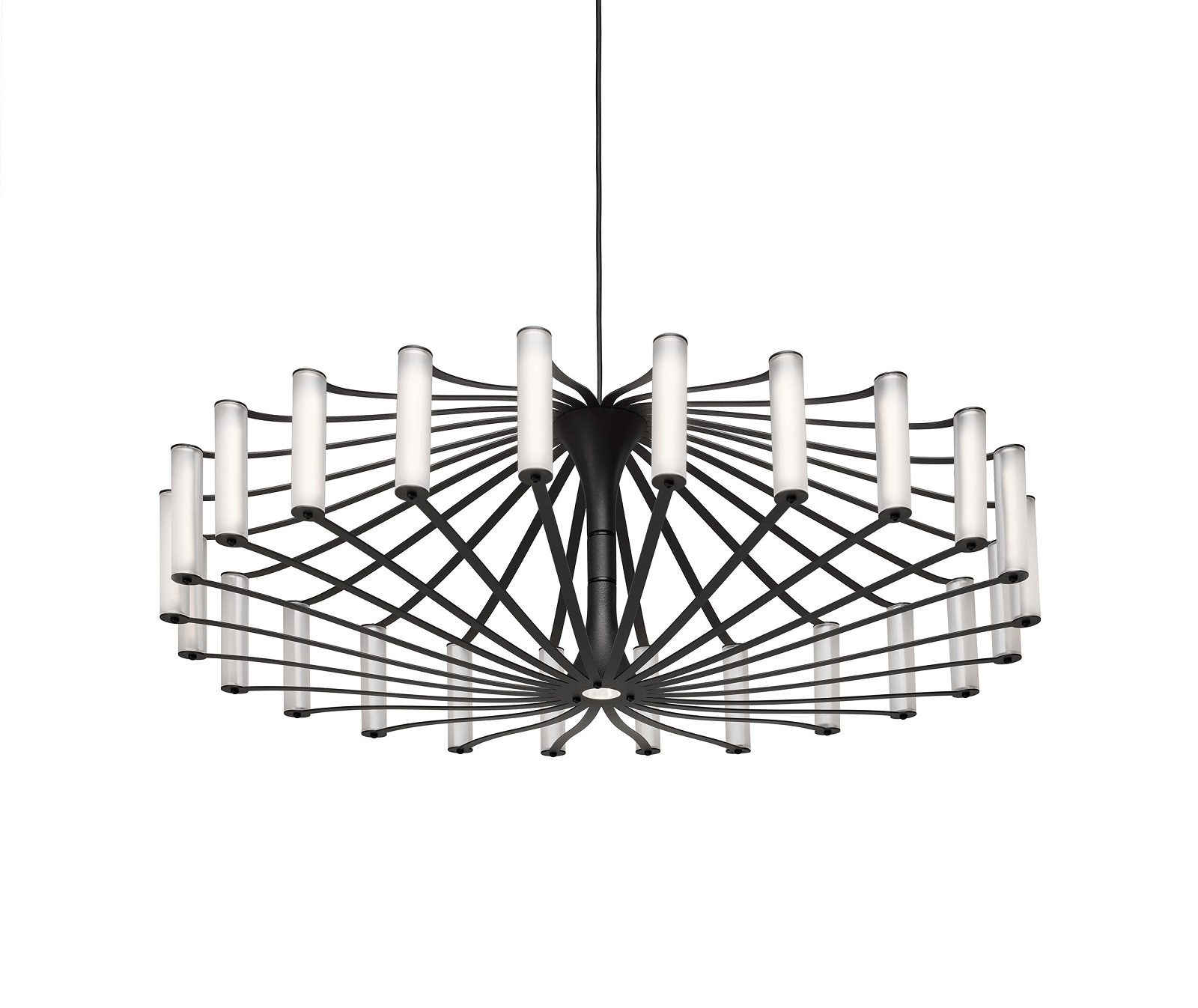 Wheel Pendant Lampe Japth: Moderne Pendelleuchte mit schwarzem Metallrahmen und zylindrischen Leuchten.