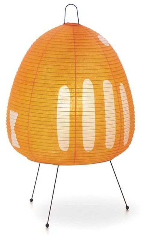 Akari Tischleuchte: Orangefarbene Papierlampe mit weißen Mustern auf filigranem, schwarzem Metallgestell.