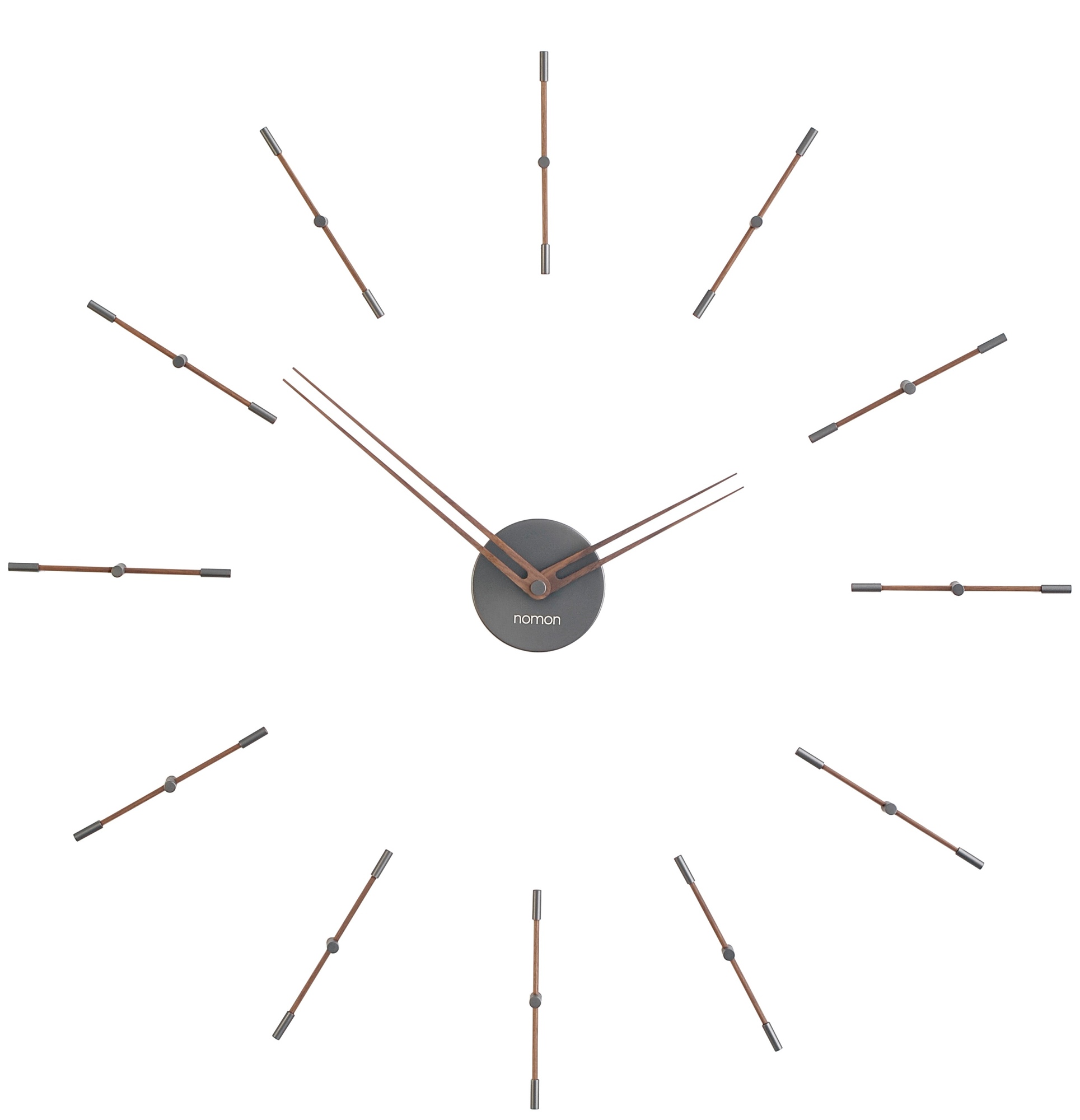 Nomon Wanduhr Mini Merlin Graphite, moderne Designeruhr mit Holz- und Graphitelementen auf weißem Hintergrund.