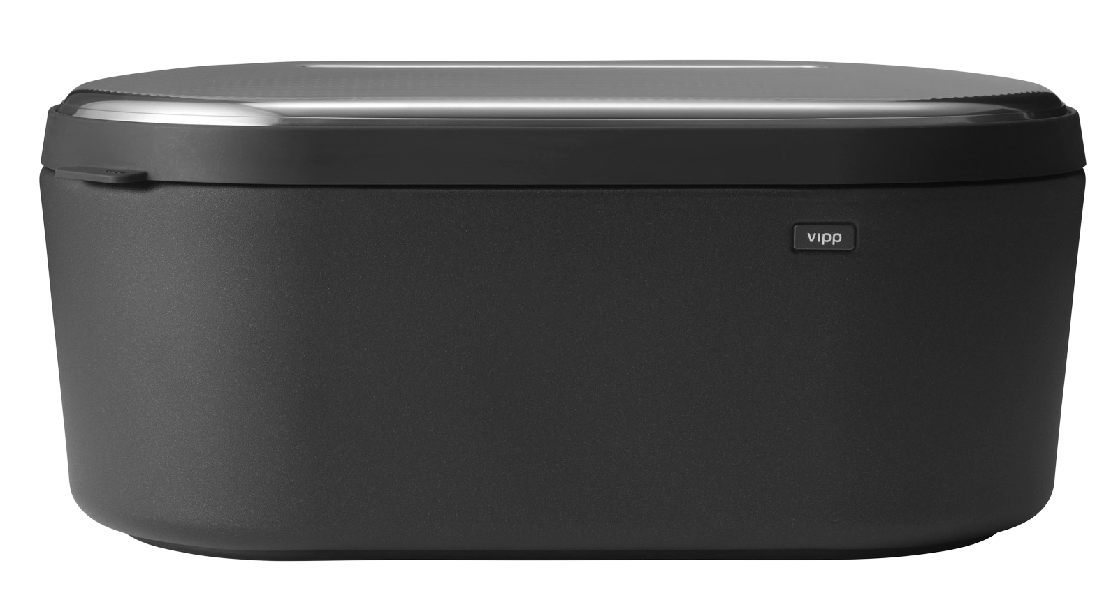 Schwarzer Vipp Brotkasten mit Edelstahldeckel, zur Aufbewahrung von Brot und Backwaren.