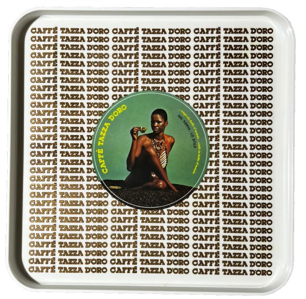 Quadratisches Caffè Tazza d'Oro Tablett in Grün mit Kaffeebohnen-Motiv. Einzigartiges Serviertablett für Kaffeeliebhaber.