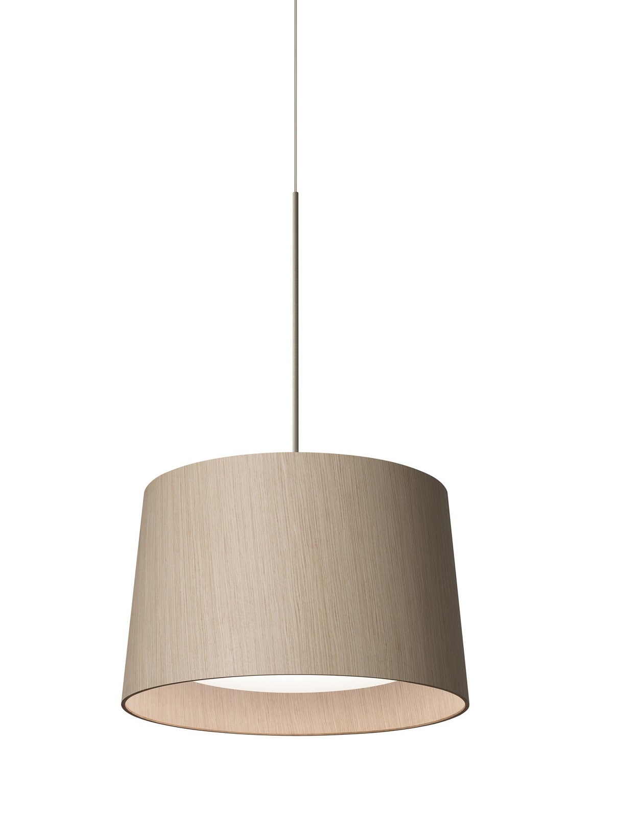 Twiggy Wood Pendelleuchte von Foscarini mit beigem Lampenschirm und sanftem Lichtschein, ideal für Wohnräume.