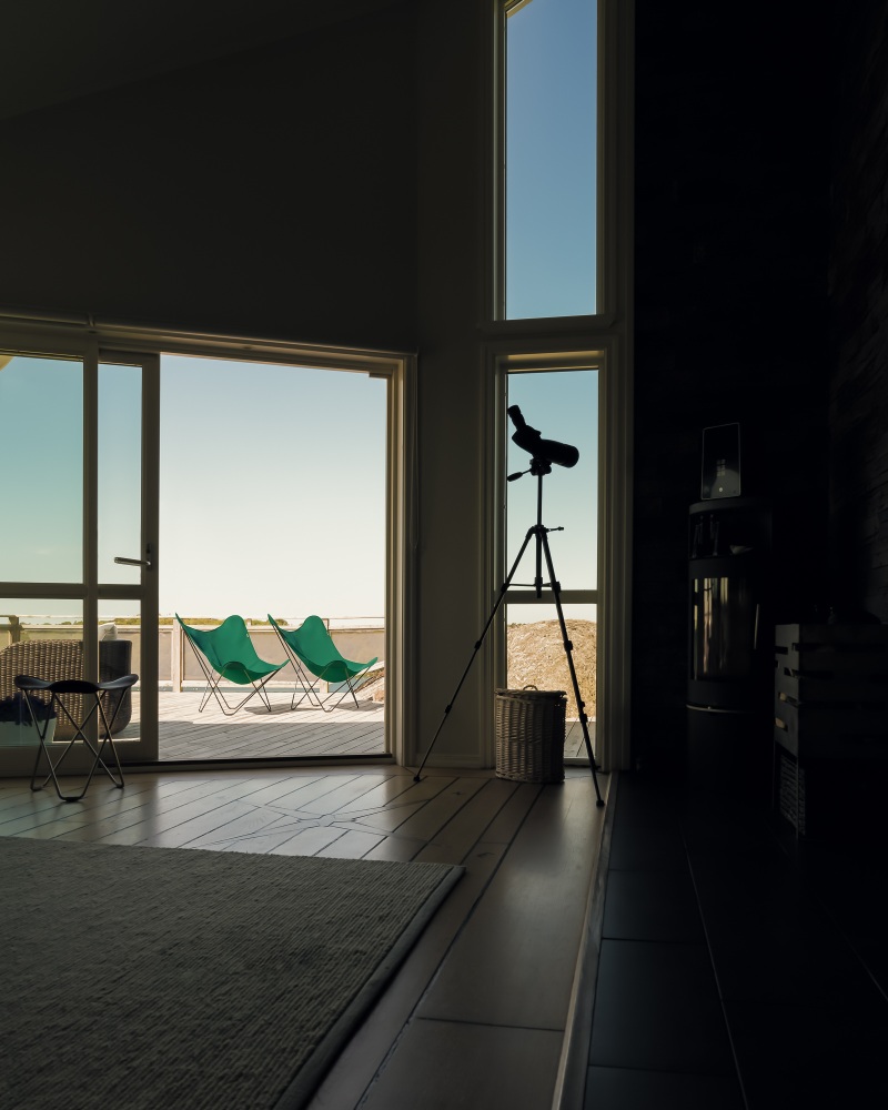 Zwei grüne Mariposa Butterfly Chairs auf einer Terrasse mit Meerblick, Outdoor Sessel.