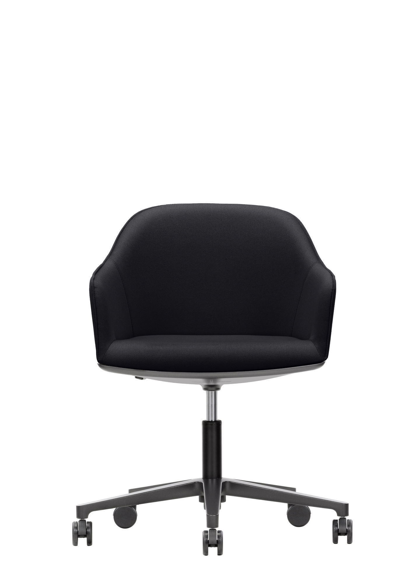 Schwarzer Softshell Chair von Vitra mit Fünfsternfuß und Rollen, ergonomischer Drehstuhl.