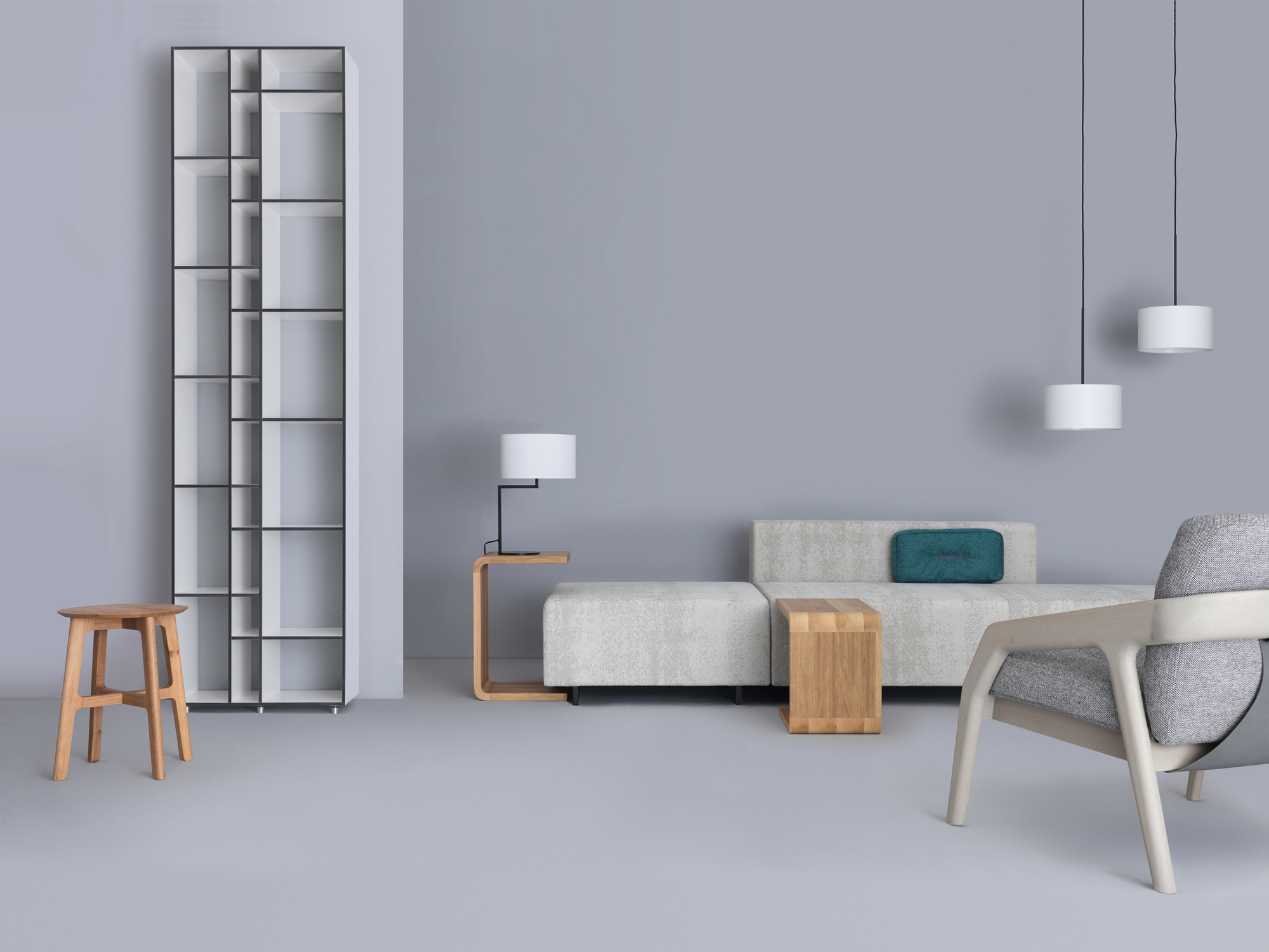 Helles Interieur mit Code Holzregal, modernem Design, MDF-Regal und weiteren Holzmöbeln.