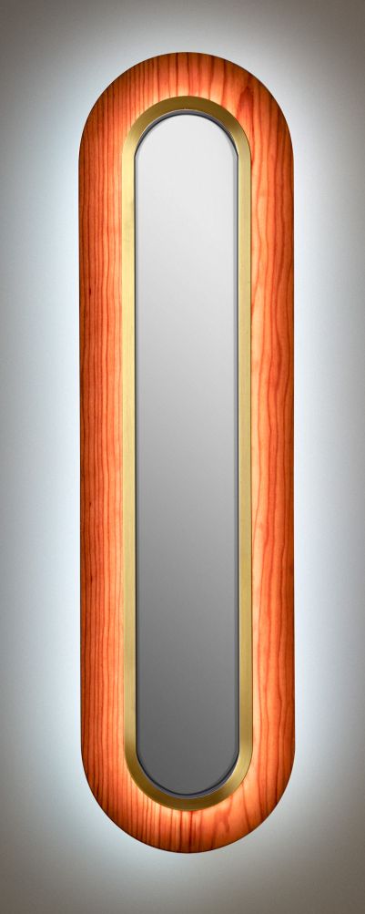 Lens LED Wandleuchte von LZF Lamps: Ovale, gestreckte Lampe mit Kirschholz und goldenem Metallring.