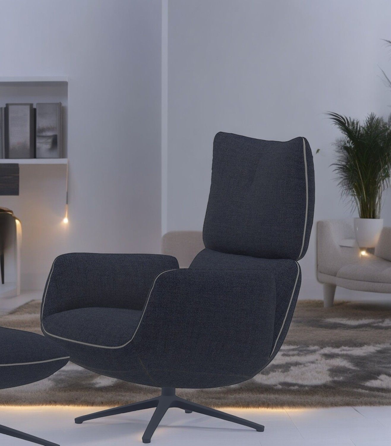 Jalis Lounge Sessel mit Drehfunktion und dunklem Stoffbezug auf 4-Fuß Gestell.