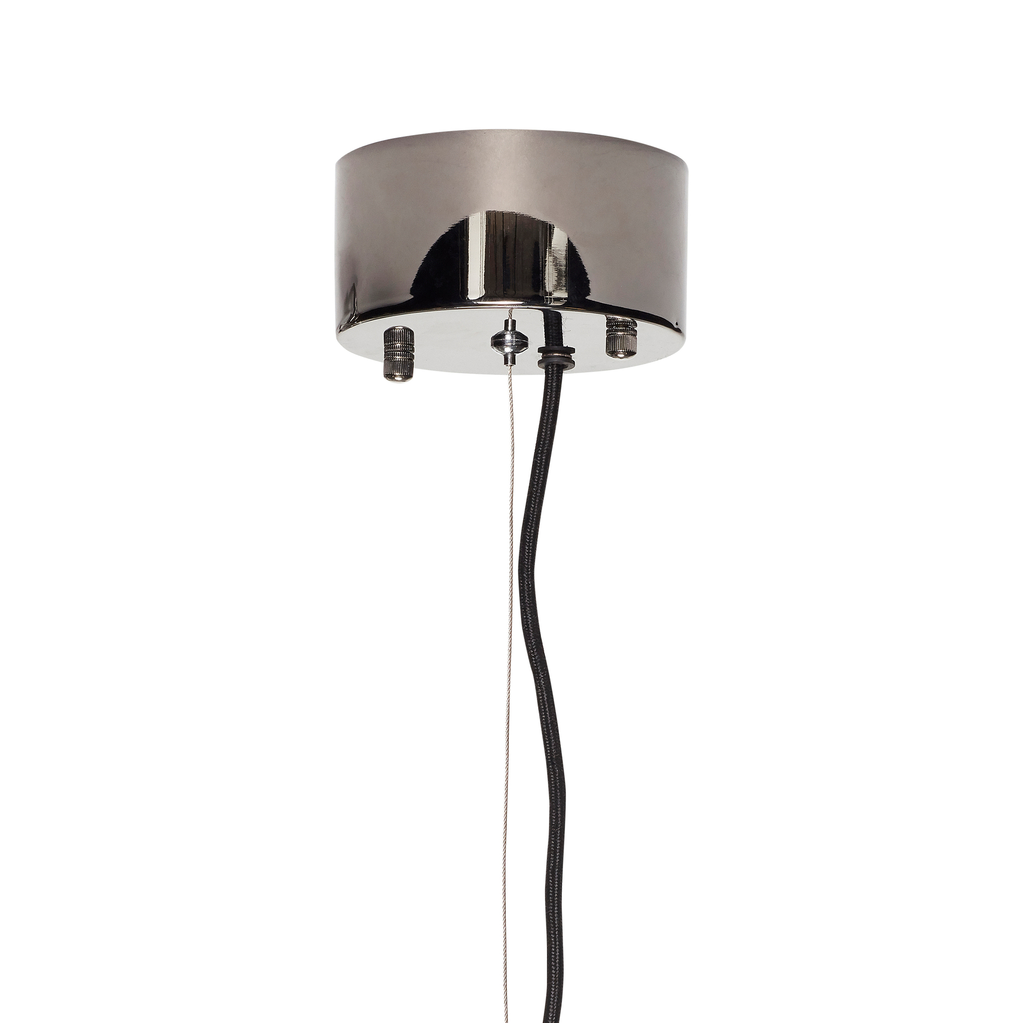 Detailaufnahme der Deckenbefestigung der Lampe m/birne in Rauchgrau. LED-Lampe für stilvolles Interior.