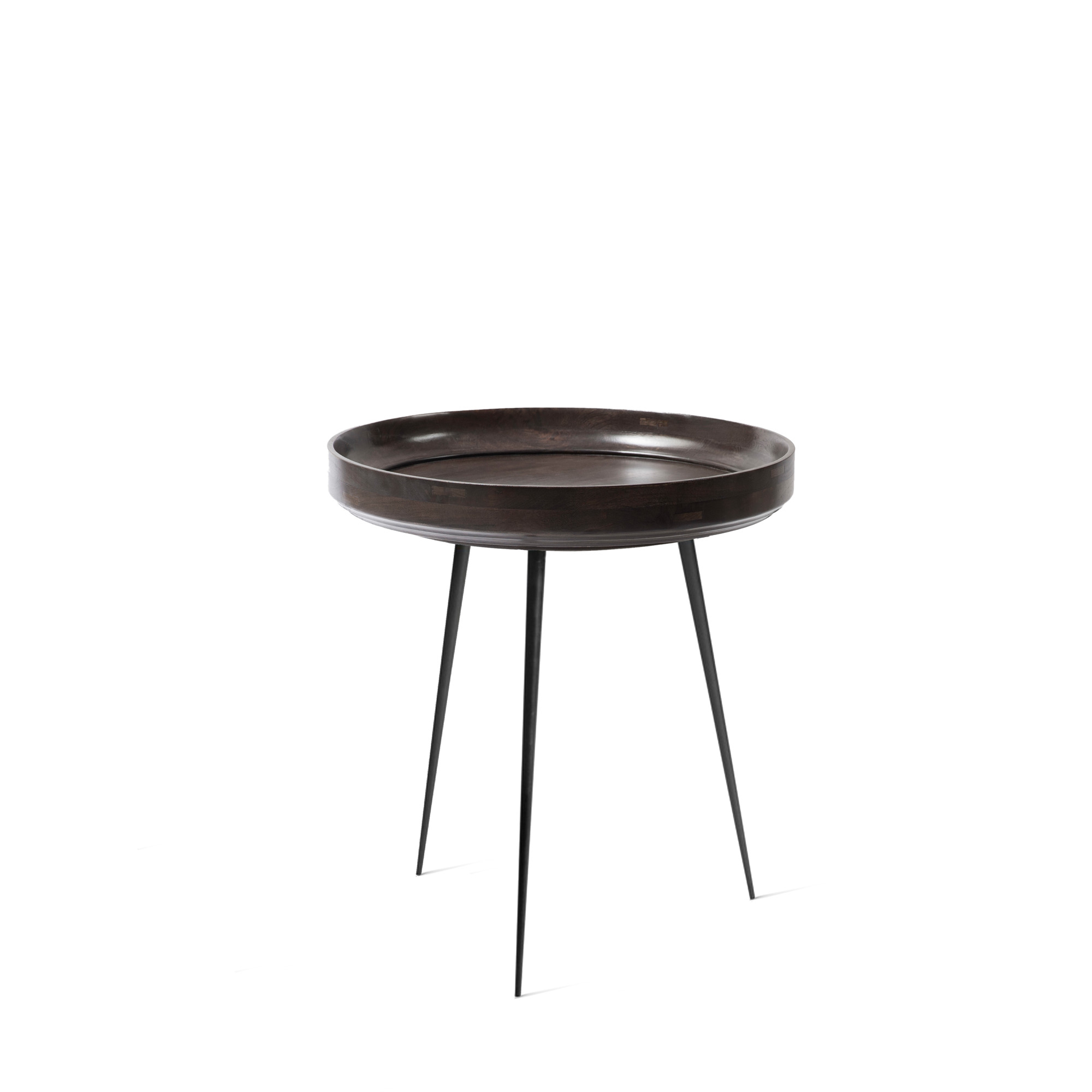 Bowl Table Tisch aus Mangoholz in Sirka Grau mit drei schwarzen Beinen.