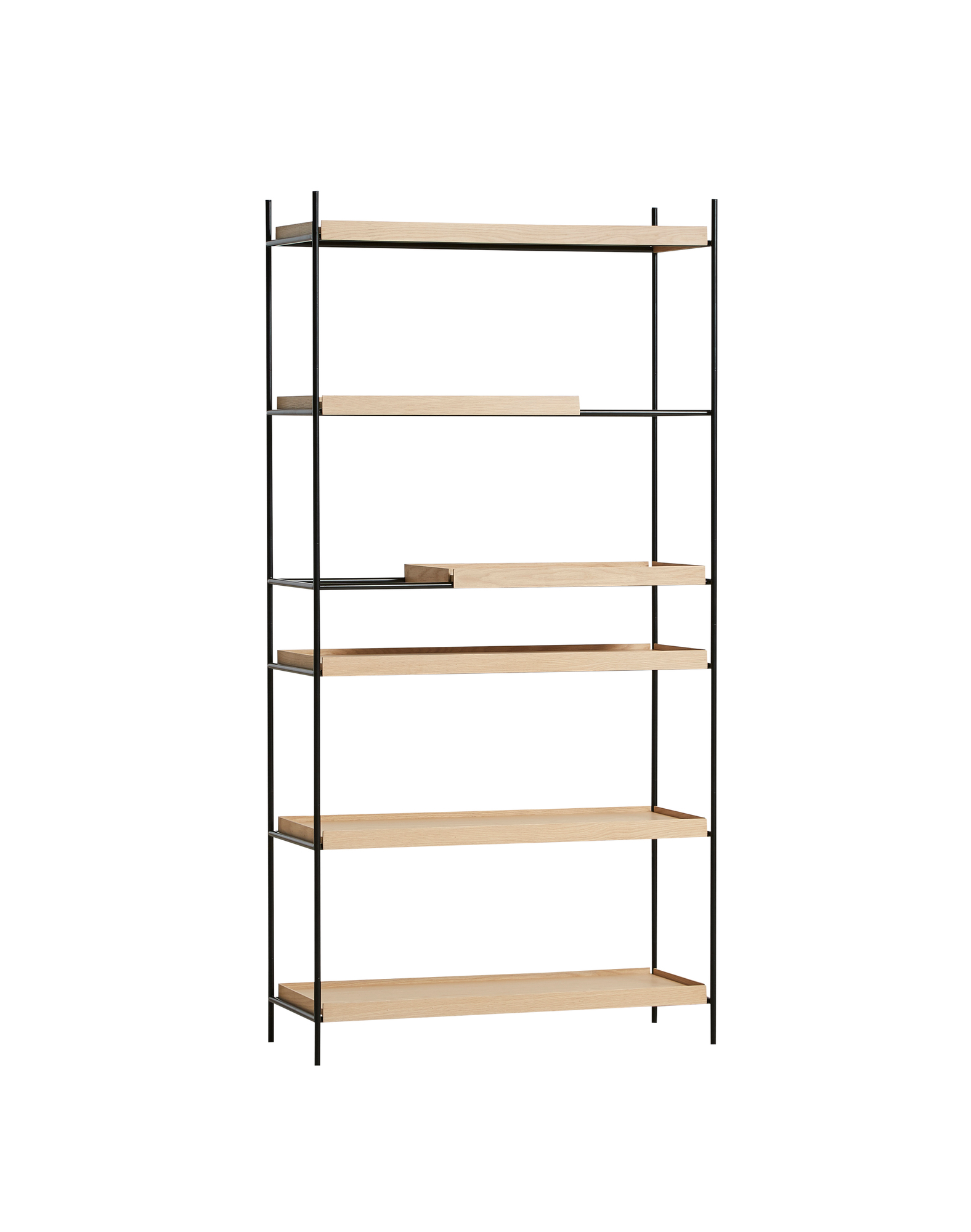 Woud Tray Regal hoch, Eiche hell mit schwarzem Metallgestell, modernes skandinavisches Design.