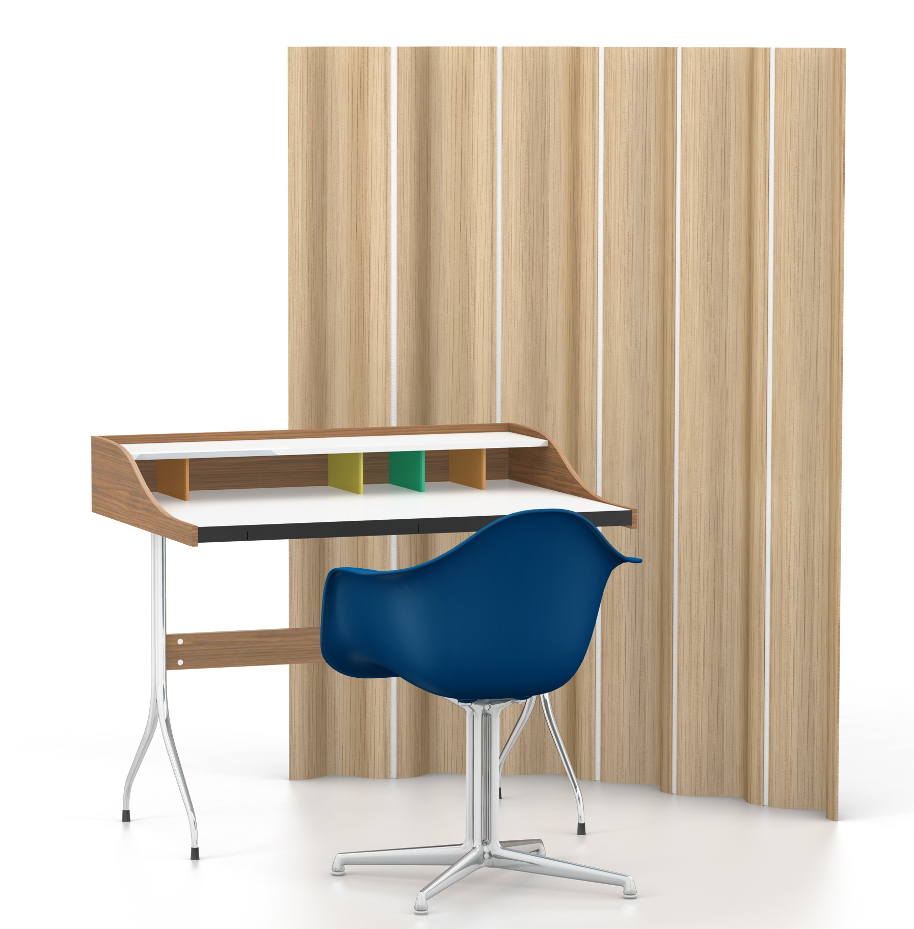 Vitra Home Desk mit blauem Stuhl vor einer hölzernen Trennwand. Moderner Schreibtisch für Büro.