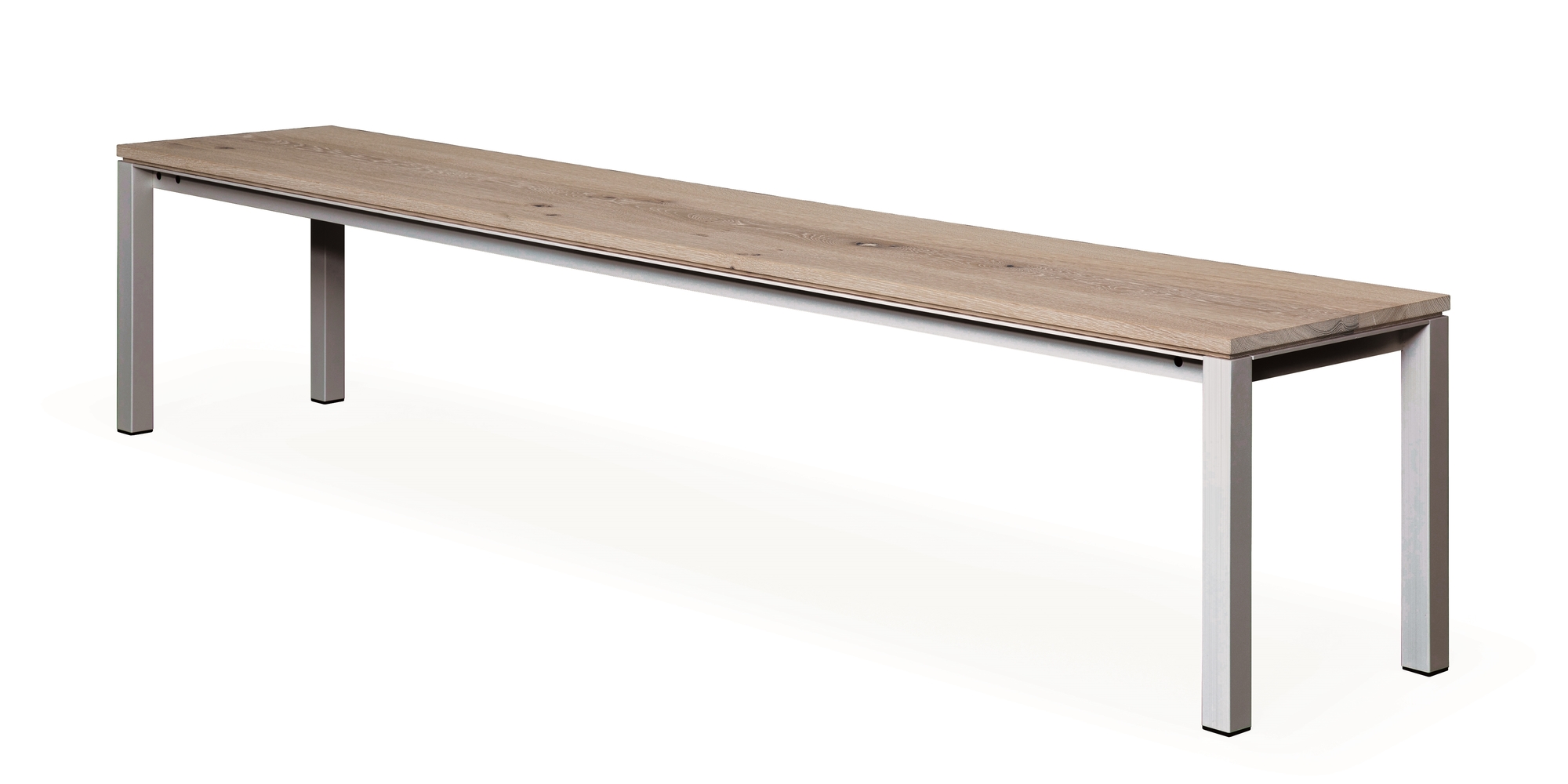 Janua S 600 Ausziehtisch mit Eichenholzplatte und silberfarbenem Metallgestell, modern und minimalistisch.