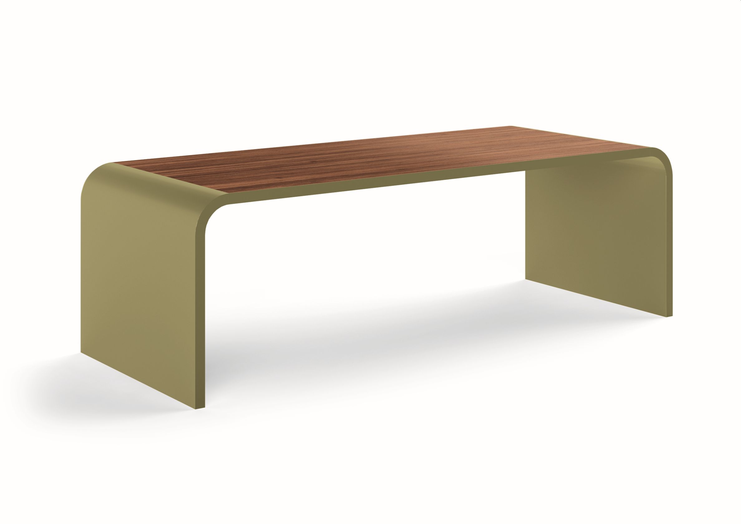 Müller Möbelfabrikation M10-2 Tisch: Moderner Schreibtisch mit Holzplatte und olivefarbenem Metallgestell für Büro und Zuhause.