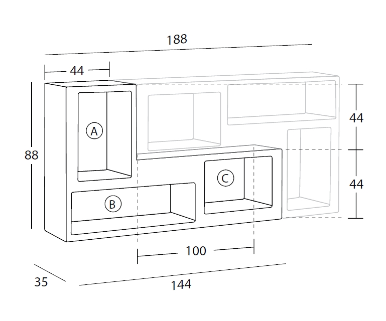 Technische Zeichnung Urban Regal Casamania Horm mit Maßen für Planung und Konfiguration von Wohnmöbeln.