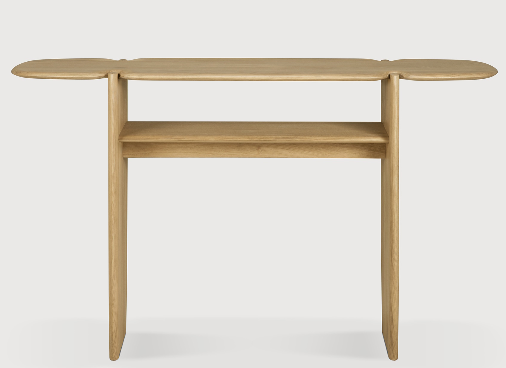 Ethnicraft PI Konsole aus Eiche mit zwei Ablageflächen, modernes Design für Flur oder Wohnzimmer.