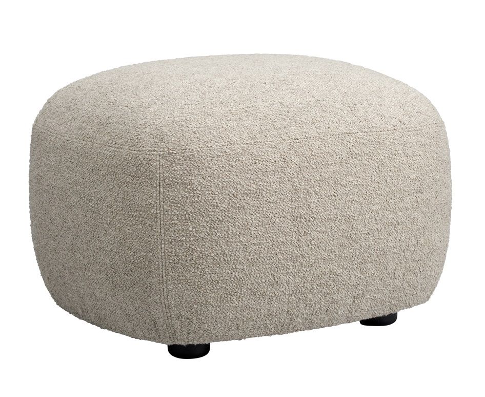 Beiger Little Big Pouf Hocker von NORR11 mit Bouclé-Bezug und kleinen schwarzen Füßen.