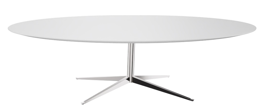 Weißer Florence Oval Table von Knoll International mit verchromtem Fuß und modernem Design.