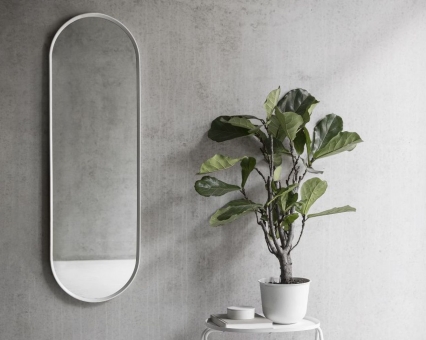 Langer, schmaler Wandspiegel mit weißem Rahmen neben einer Zimmerpflanze im weißen Topf. Moderner Spiegel für Flur oder Bad.