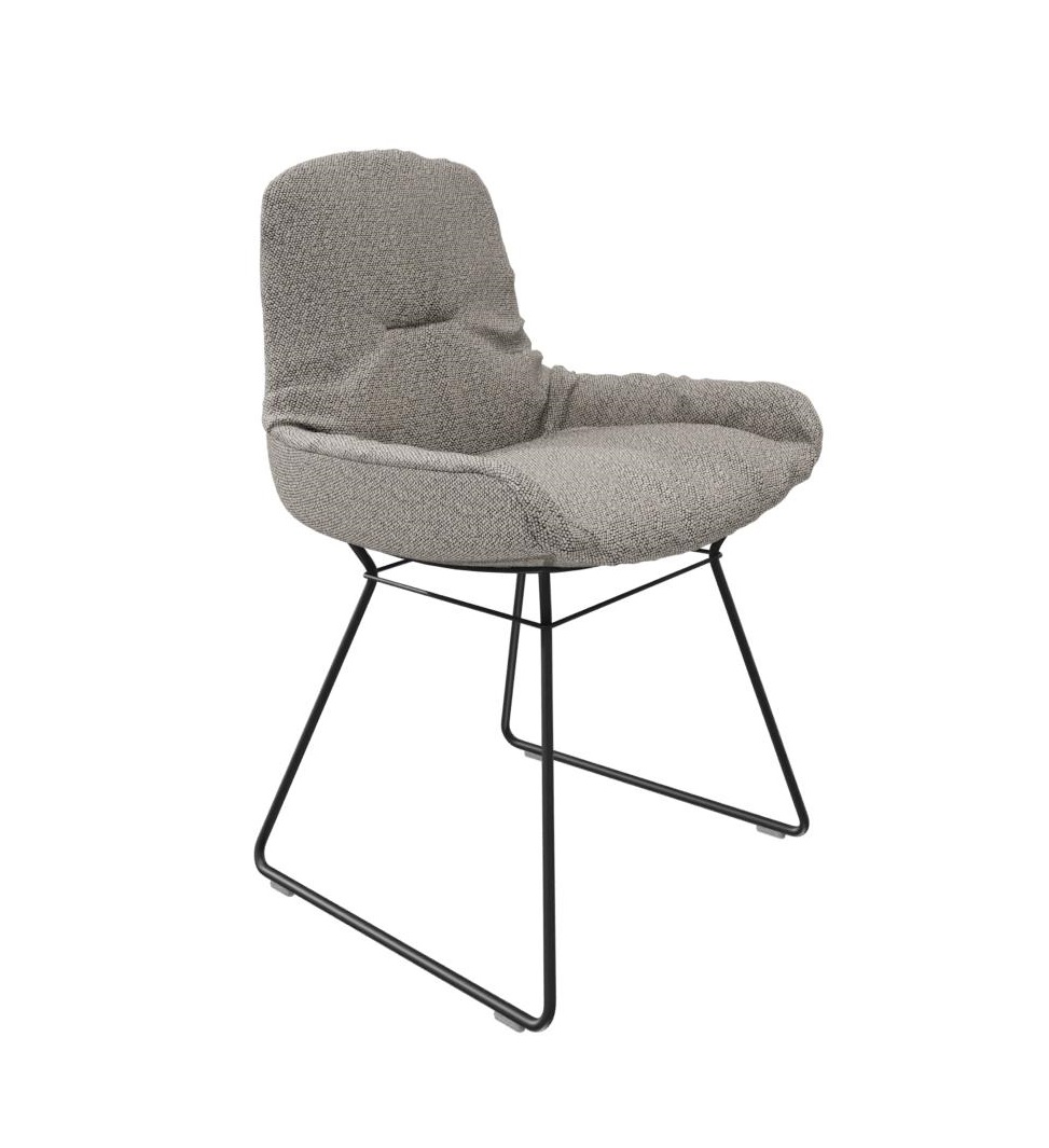 Leya Stuhl mit niedriger Armlehne, Safire Stoff, schwarzes Drahtgestell. Moderner Design Stuhl.