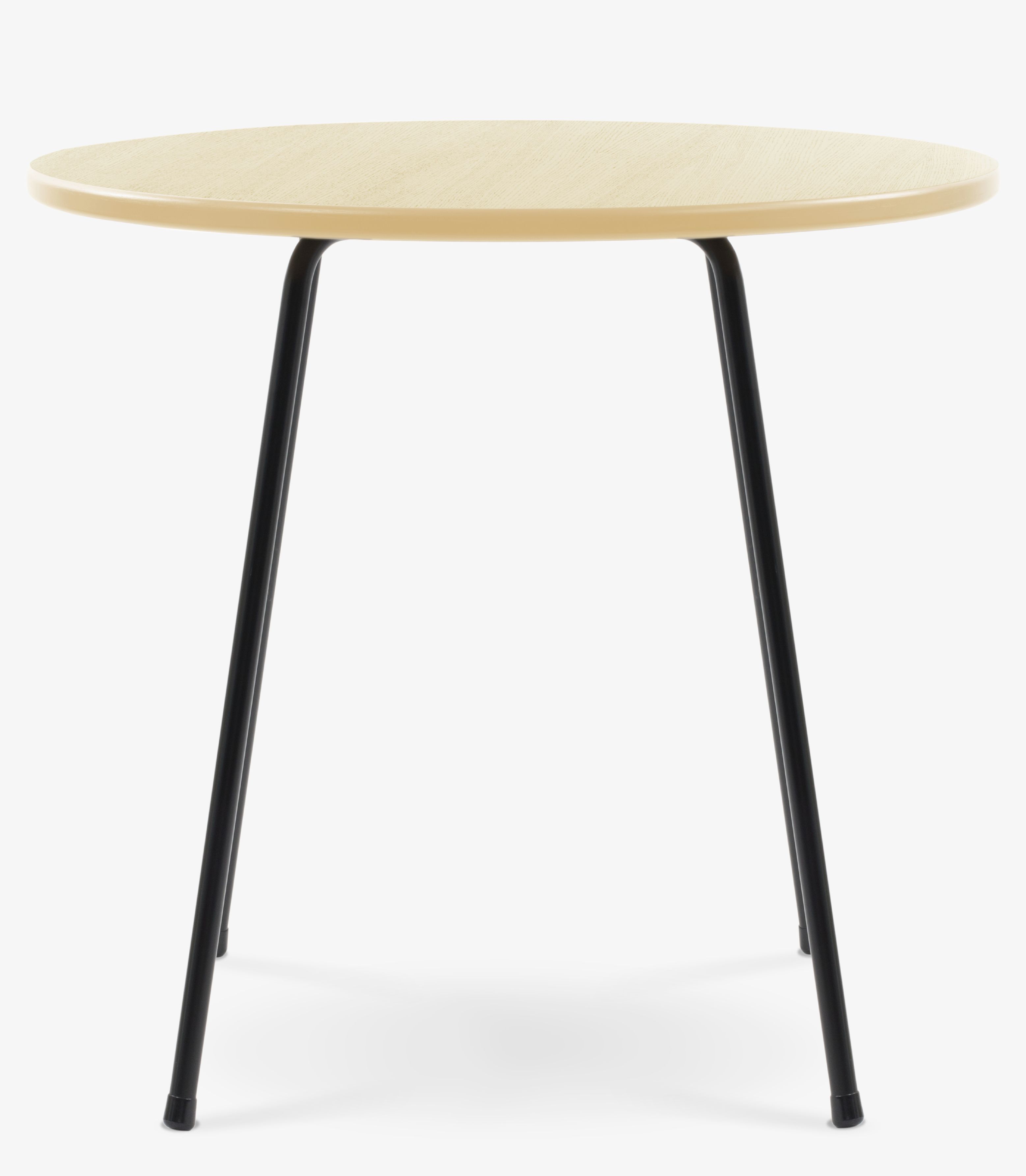 SE 330 Cafétisch von Wilde+Spieth: Runder Tisch mit Esche-Tischplatte und schwarzem Gestell.