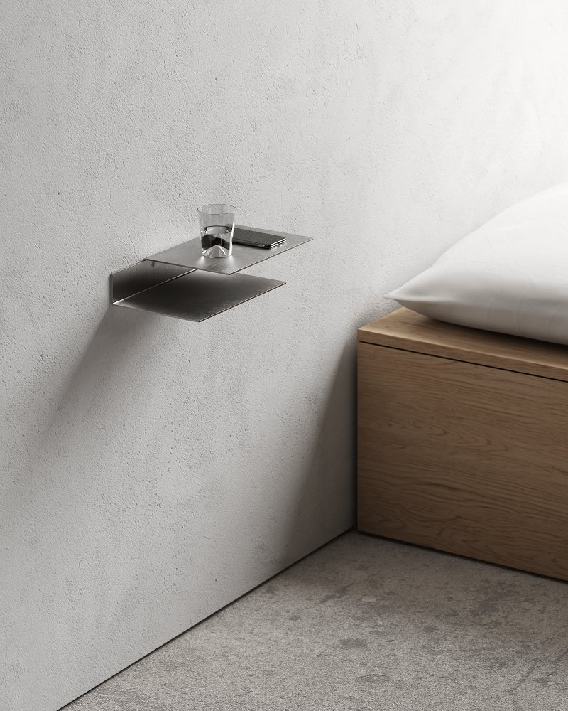 New Tendency Float Shelf Wandregal aus Metall mit Glas und Smartphone an der Wand.
