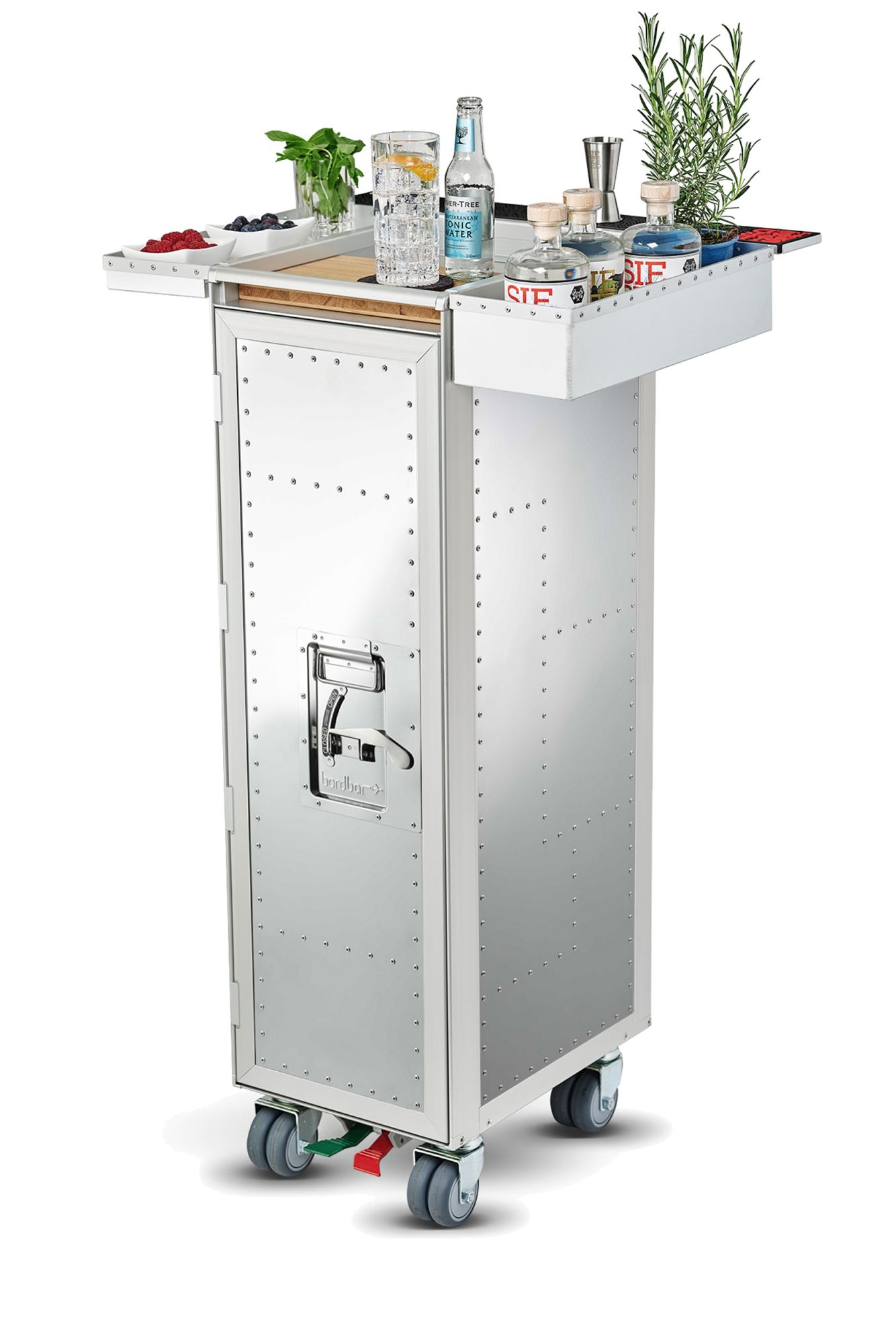 Rivet Rocker Flugzeugtrolley Bordbar mit Getränken und Zubehör auf der Ablage. Hochwertige Bar auf Rädern.