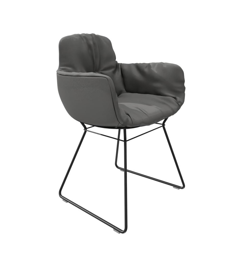 Leya Stuhl mit hoher Armlehne, Leder Sahara, Designstuhl mit schwarzem Drahtgestell.