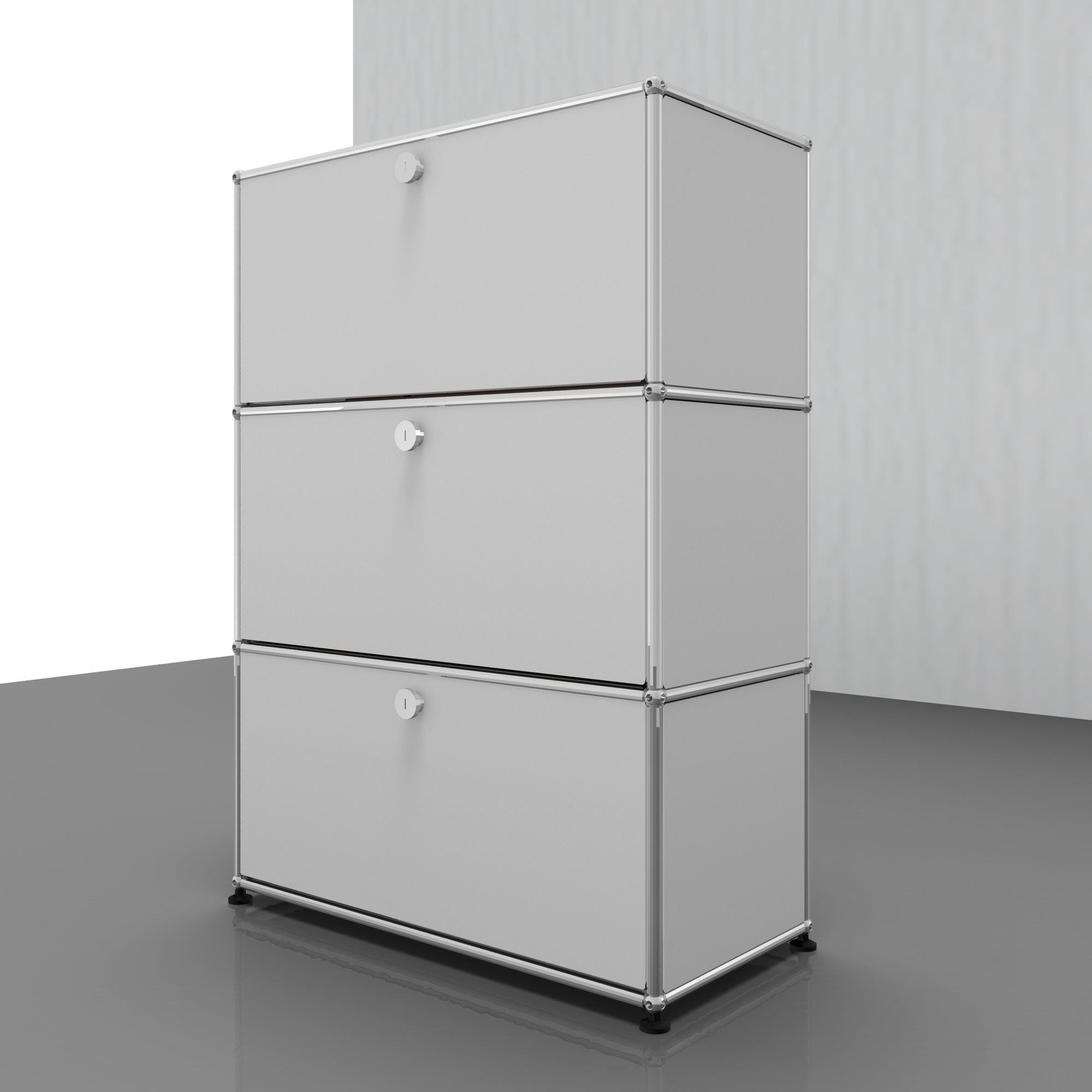 USM Haller Highboard in Hellgrau mit drei Klappen, modernes Designmöbel für Wohnzimmer und Büro.