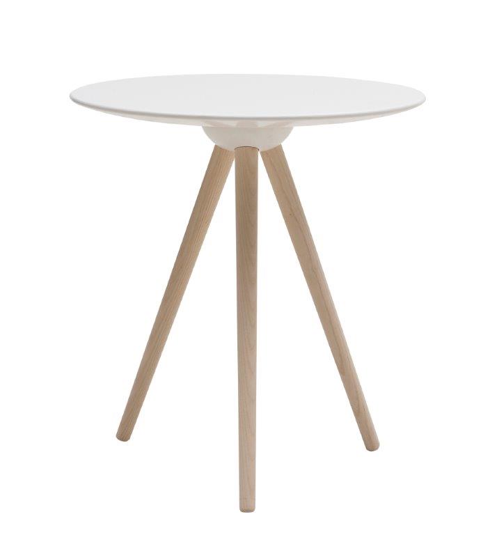 Weißer Circo Beistelltisch mit runder Tischplatte und hellem Holzgestell, modernes Design für Wohnzimmer.