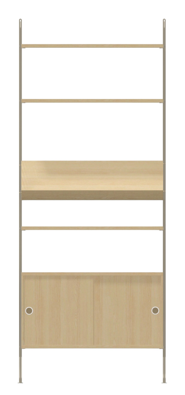 Wohnzimmer KONFIGURATIONEN L4 String Furniture Regalsystem mit Holzregalen und Schrankelementen in heller Holzoptik.