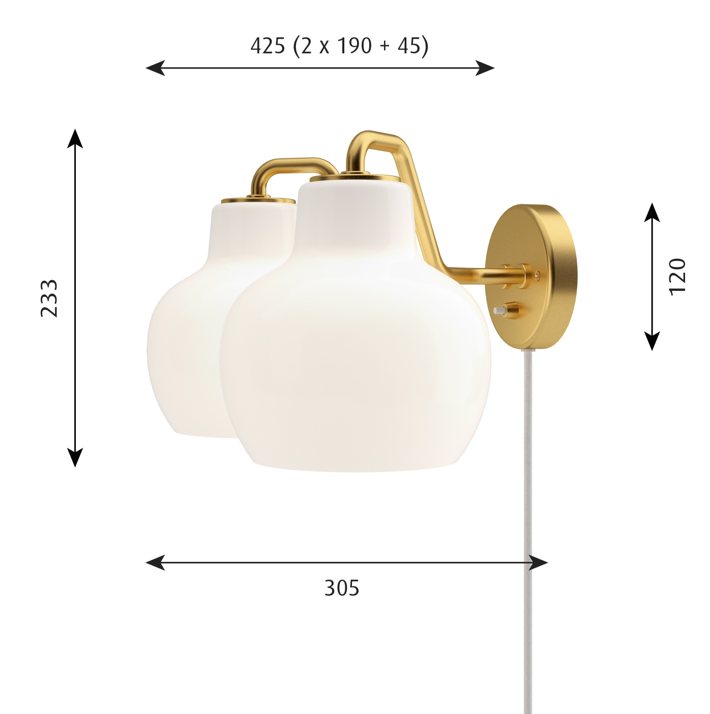 VL Ring Crown 2 Wandleuchte von Louis Poulsen mit Maßen, goldener Halterung und zwei weißen Lampenschirmen.