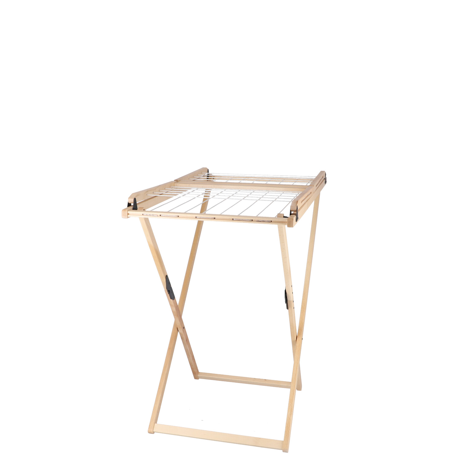 Vivo Wäscheständer von Jan Kurtz aus Holz mit weißen Trockenleinen, freistehend und zusammenklappbar.