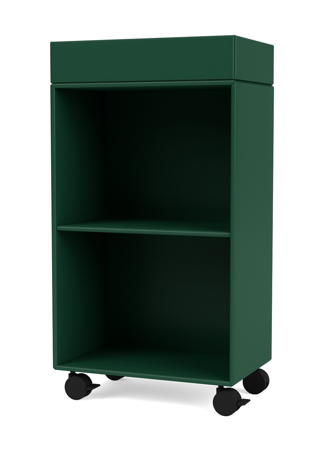 Grüner PREPPY Wagen mit Rollen und zwei Regalfächern für Büro oder Wohnzimmer.