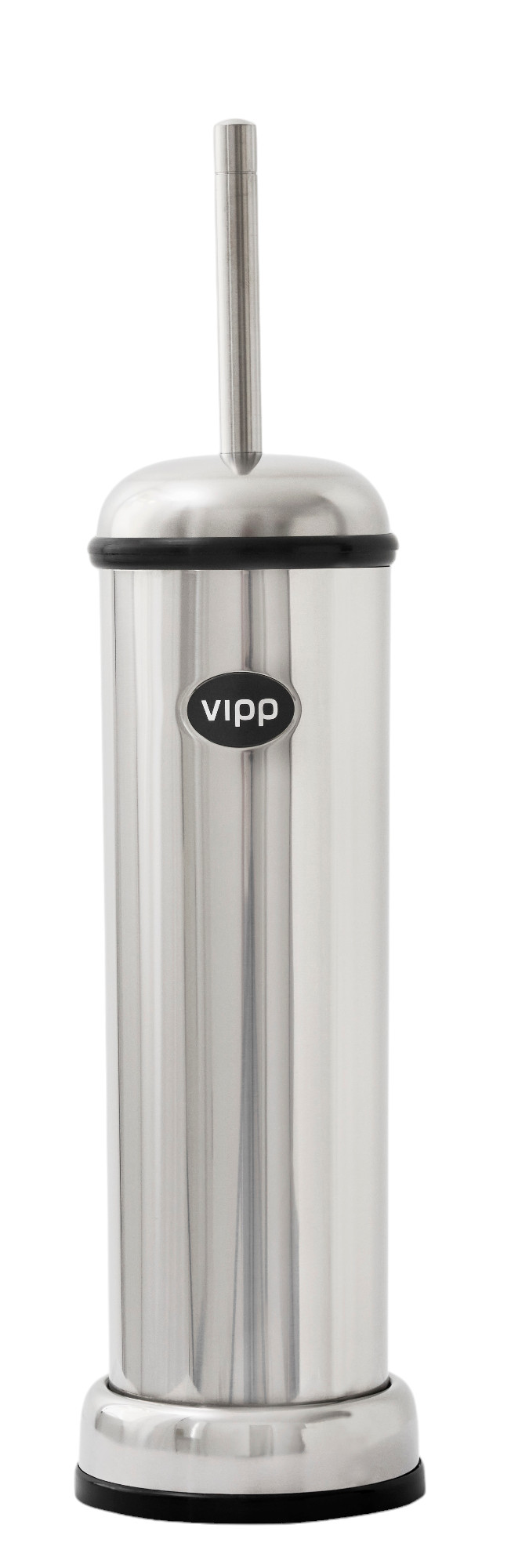 Vipp Toilettenbürste aus Edelstahl, freistehend, mit Behälter und Bürste für moderne Badezimmer.