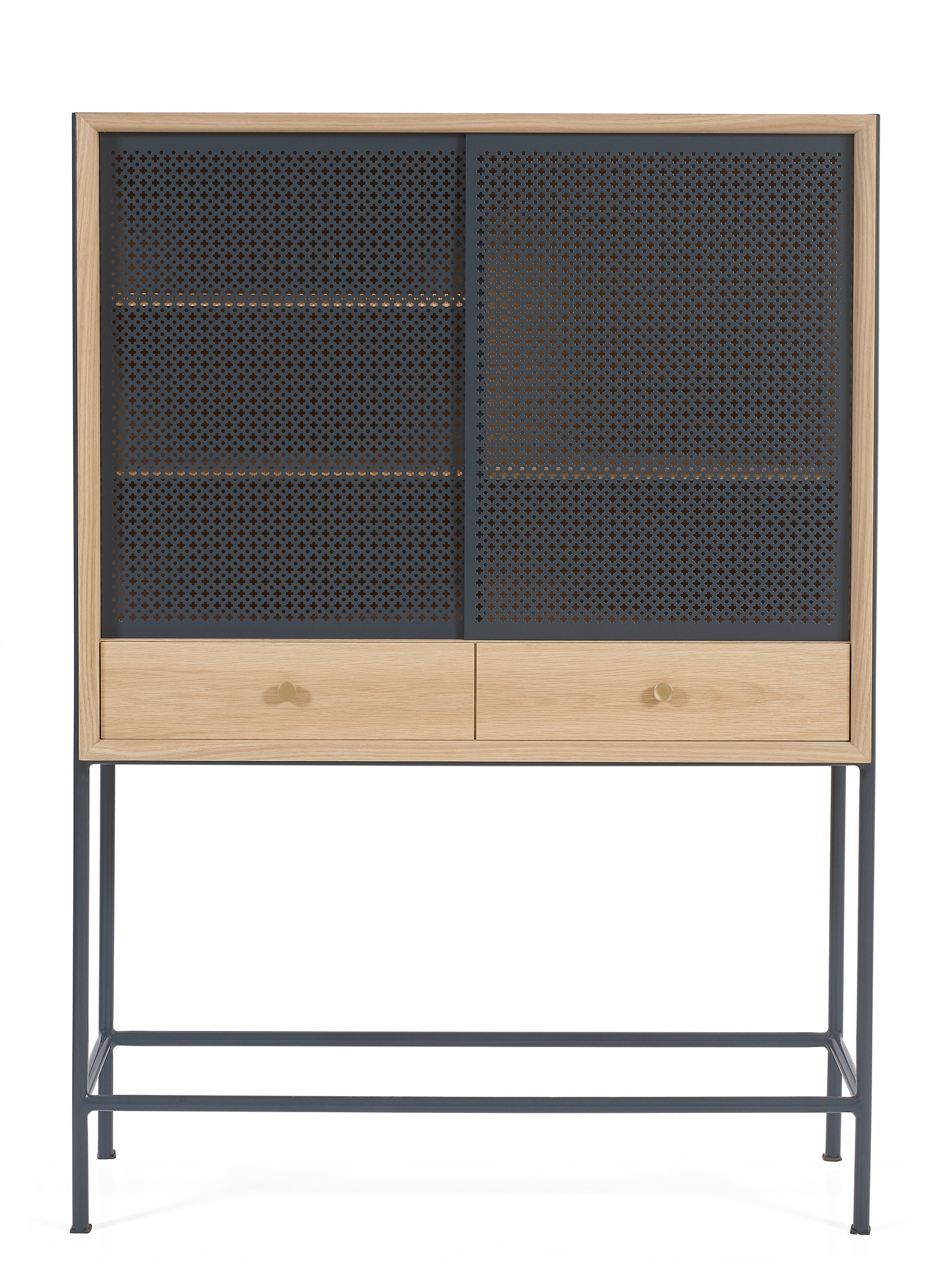 Gabin Cabinet von Hartô: Anrichte aus Holz und Metall mit Schiebetüren und Schubladen.