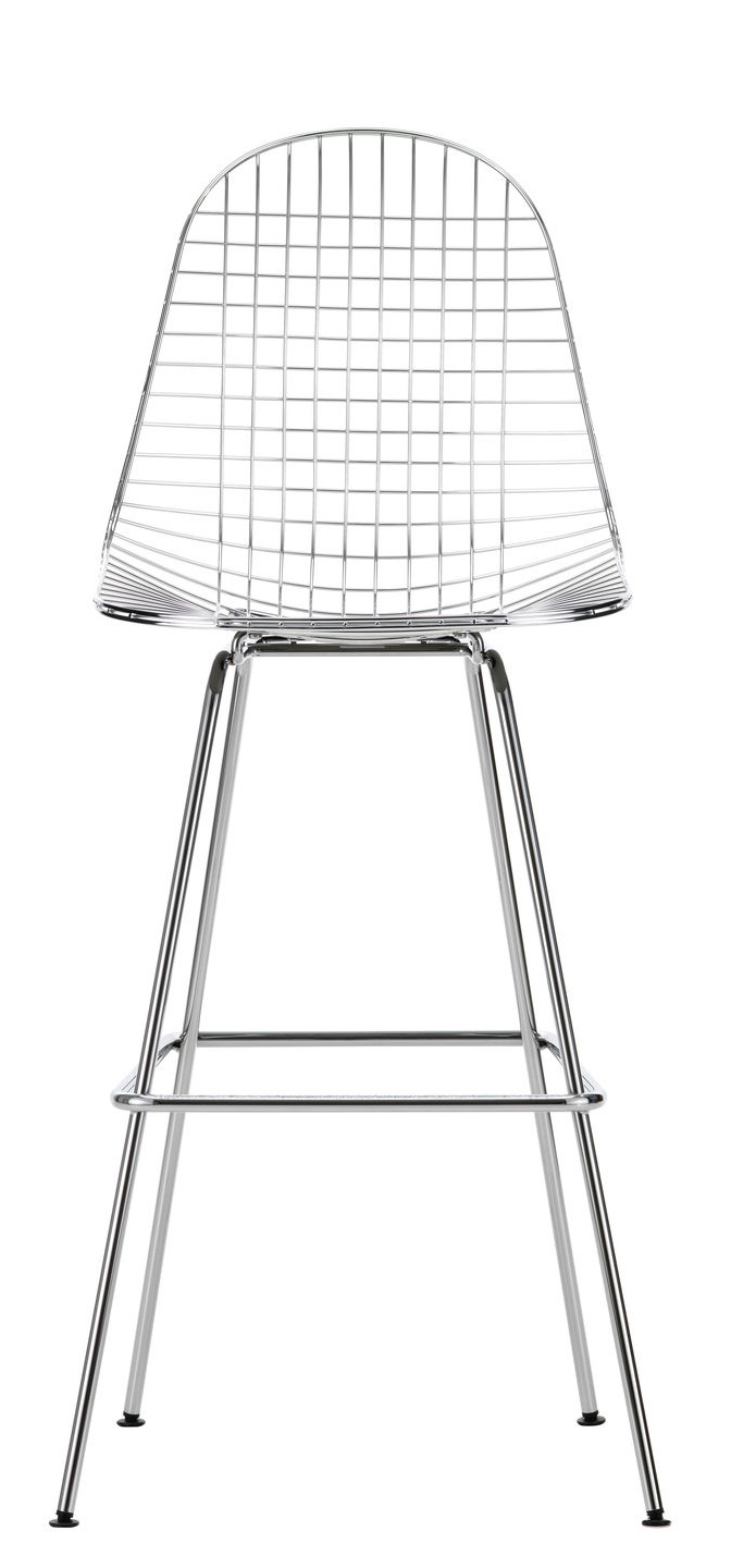 Bild eines silbernen Eames Wire Barhocker High von Vitra mit Drahtgeflecht-Sitz und Fußstütze.