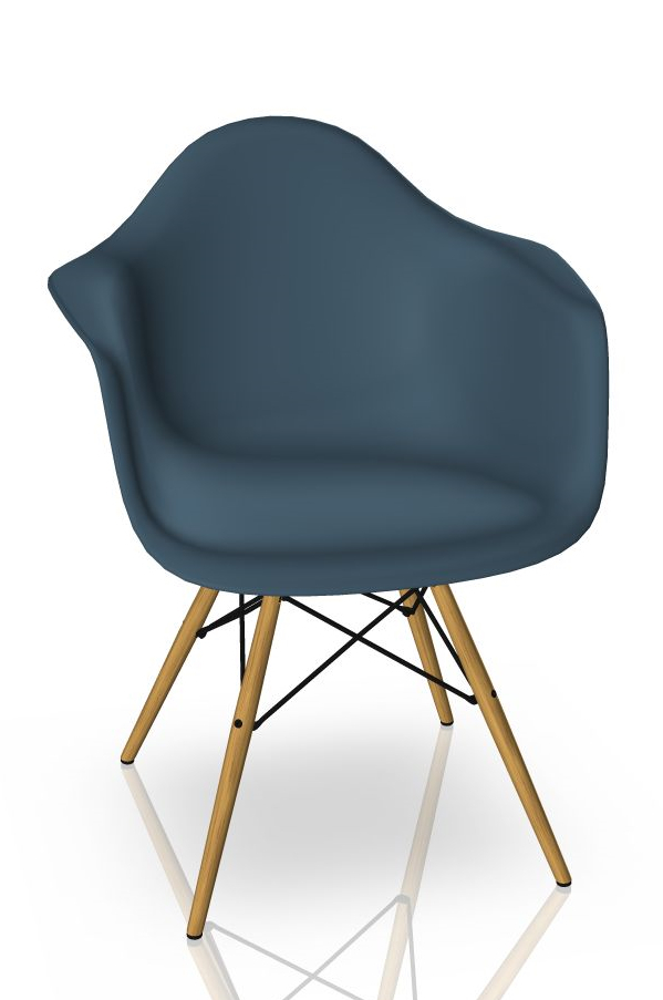 Eames Plastic Arm Chair DAW Stuhl in Meerblau mit Ahorn-Holzgestell, moderner Designklassiker.