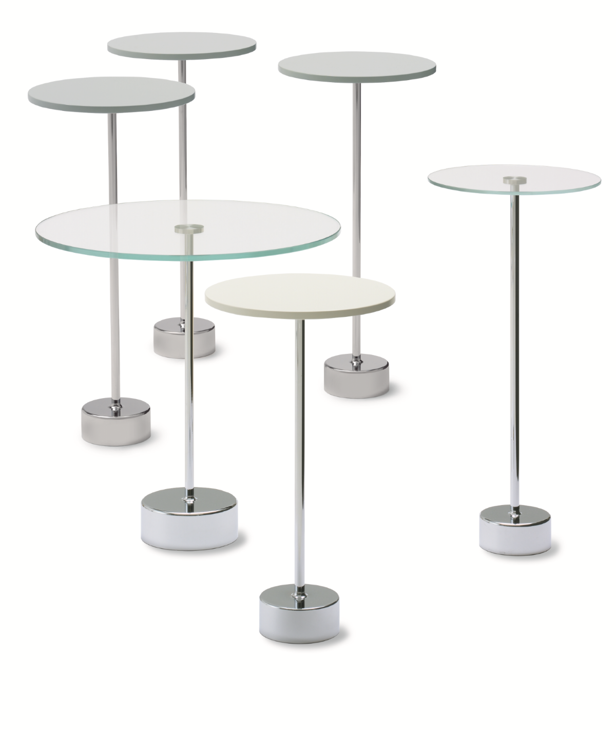 Mehrere Tablo Beistelltische mit runden Tischplatten aus Glas und farbigem Holz. Moderne Beistelltische für Wohnzimmer und Büro.