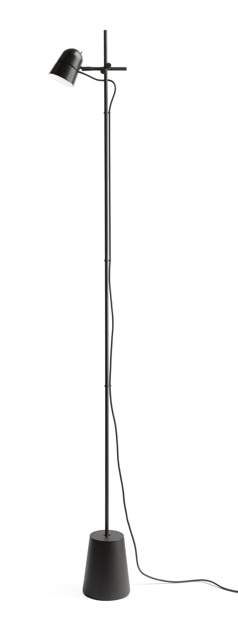 Schwarze D73 Stehleuchte von Luceplan mit Gegengewicht und konischem Sockel für Wohnzimmer und Büro.